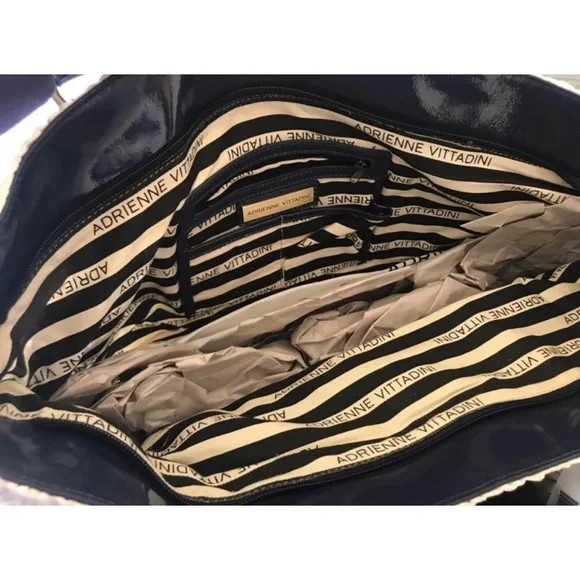 Adrienne Vittadini Nautical Black White Straw Summer Tote Bag - Picture 12 of 16